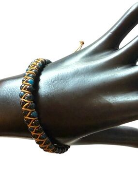 Handcrafted Blue Bead Woven Bracelet with Tan Cord
